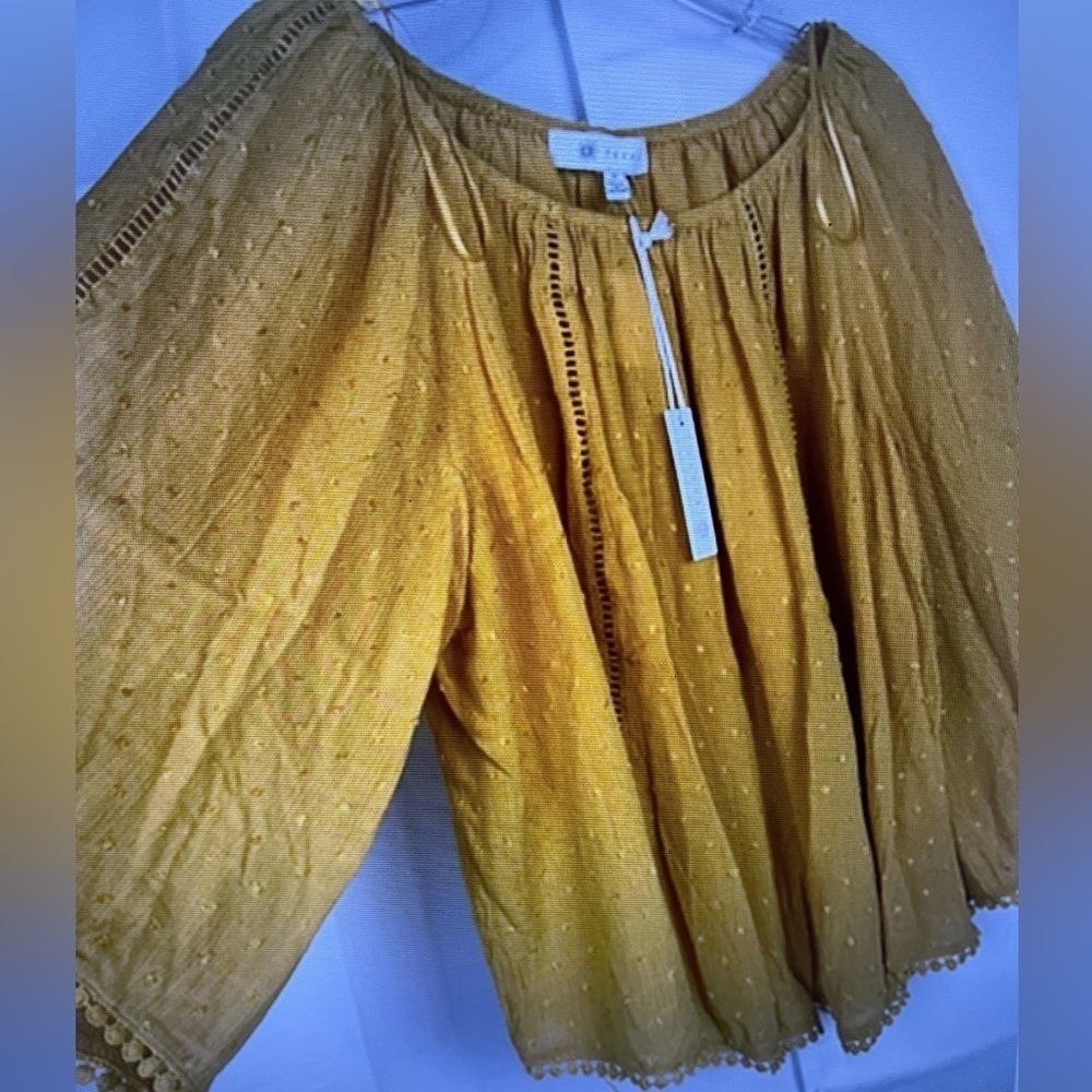 Fever Womens Mustard Rayon Crop Top Blouse Bell Sleeve Relaxed Boho Sz S NWT